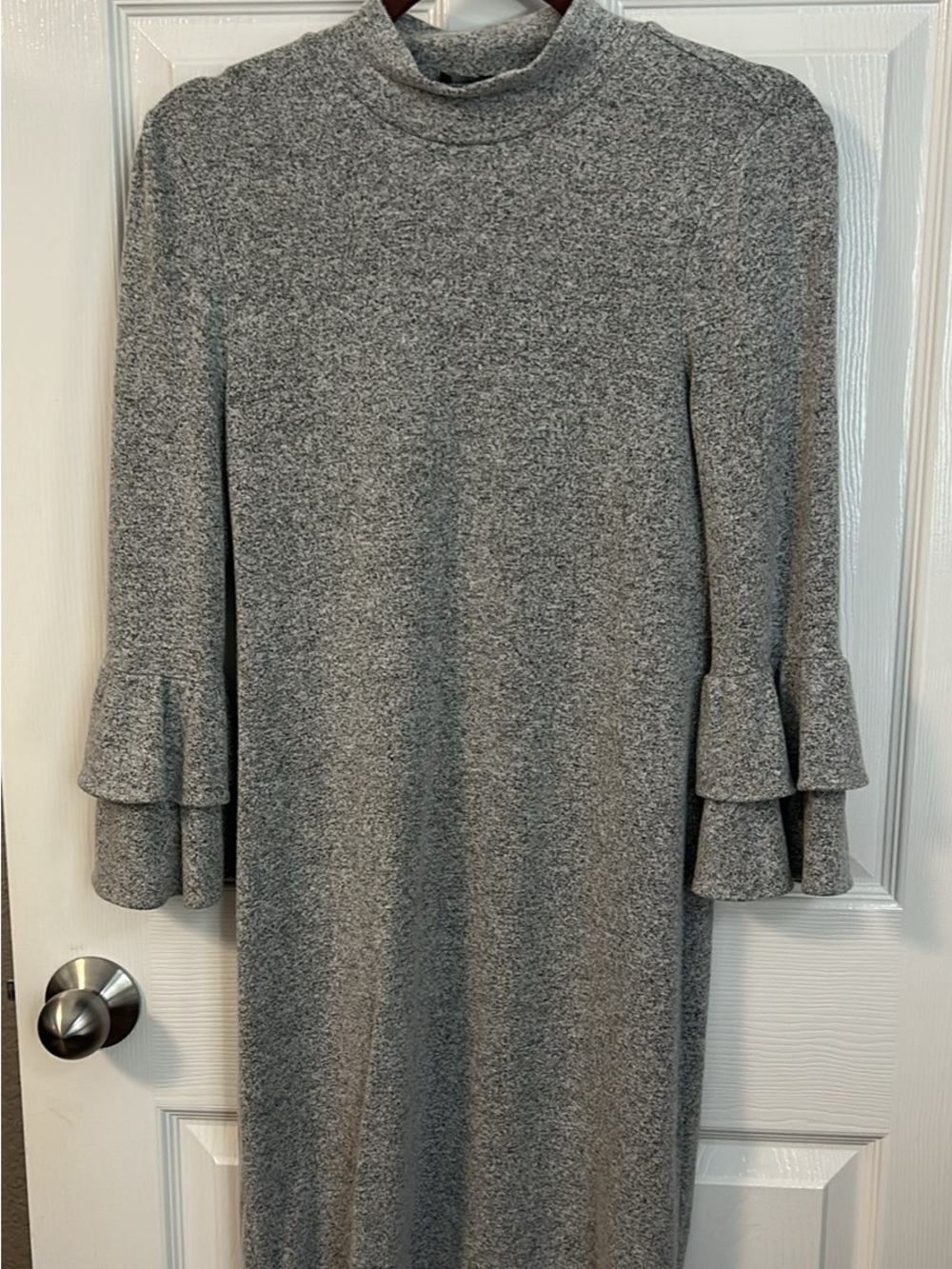 White House Black Market Gray Mock-Neck Knit Dress with Ruffle Cuffs